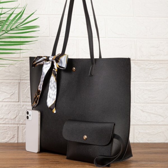 Black Classic Shoulder Clutch Bag Set Minimalist Vegan Leather - Picture 2 of 4